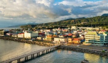 Caribbean, Antilles, Dominica, Roseau, View of the city at dusk