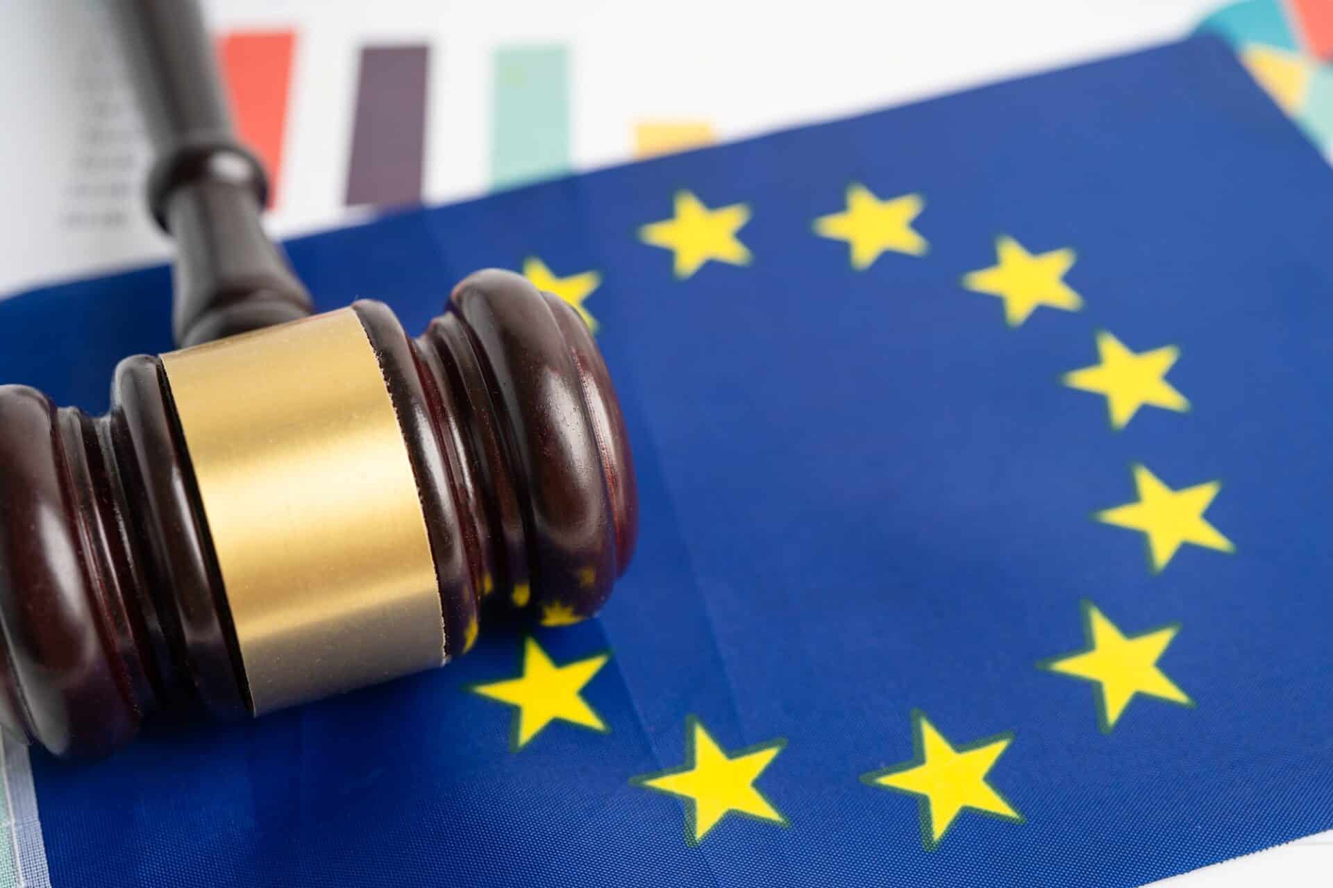 EU flag with gavel on graph for judge lawyer. Law and justice court concept.