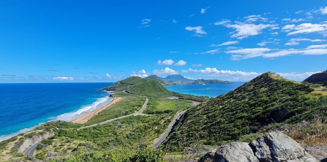 Gorgeous view of Timothy Hill in St Kitts & Nevis where the Caribbean Sea meets the North Atlantic, St Kitts and Nevis,