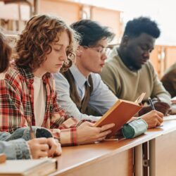 Row of multicultural teenage students of university sitting by desk at lecture