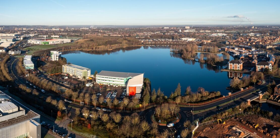 Aerial view of the lake at lakeside Village in Doncaster, UK