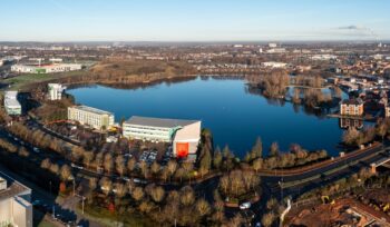 Aerial view of the lake at lakeside Village in Doncaster, UK