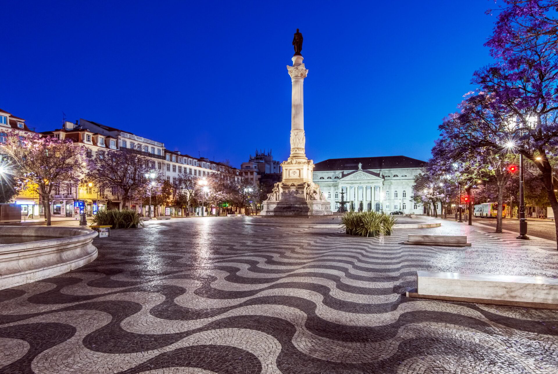 Rossio Square illuminated at night, Lisbon, Lisbon, Portugal