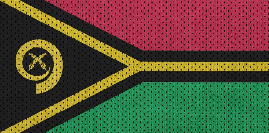 Vanuatu flag printed on a polyester nylon sportswear mesh fabric with some folds, Global Mobility,