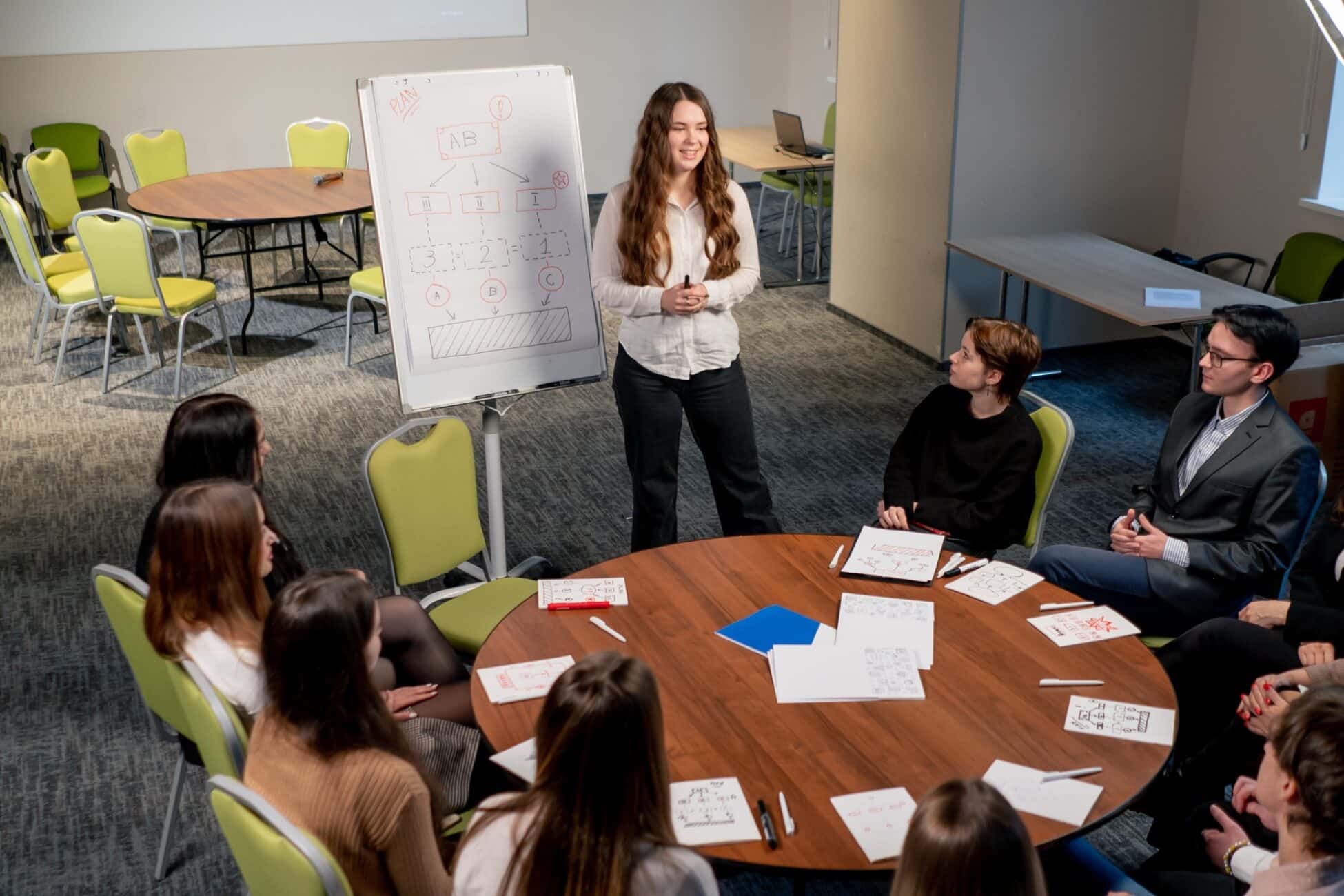 business conference at hotel the girl on the flipchart shows the development plan for the company